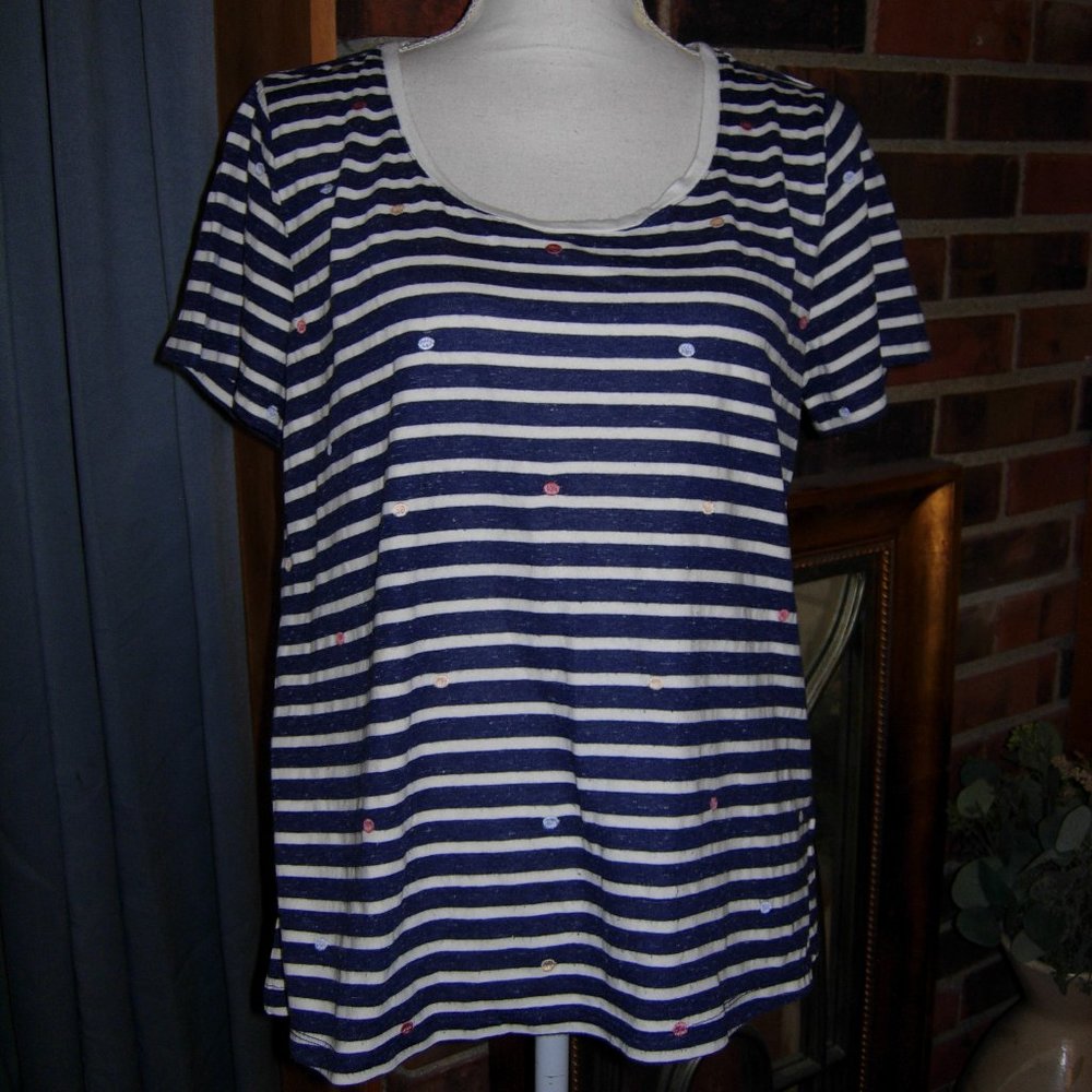 Skies Are Blue Striped T-Shirt With Embroidered Polka Dots L
